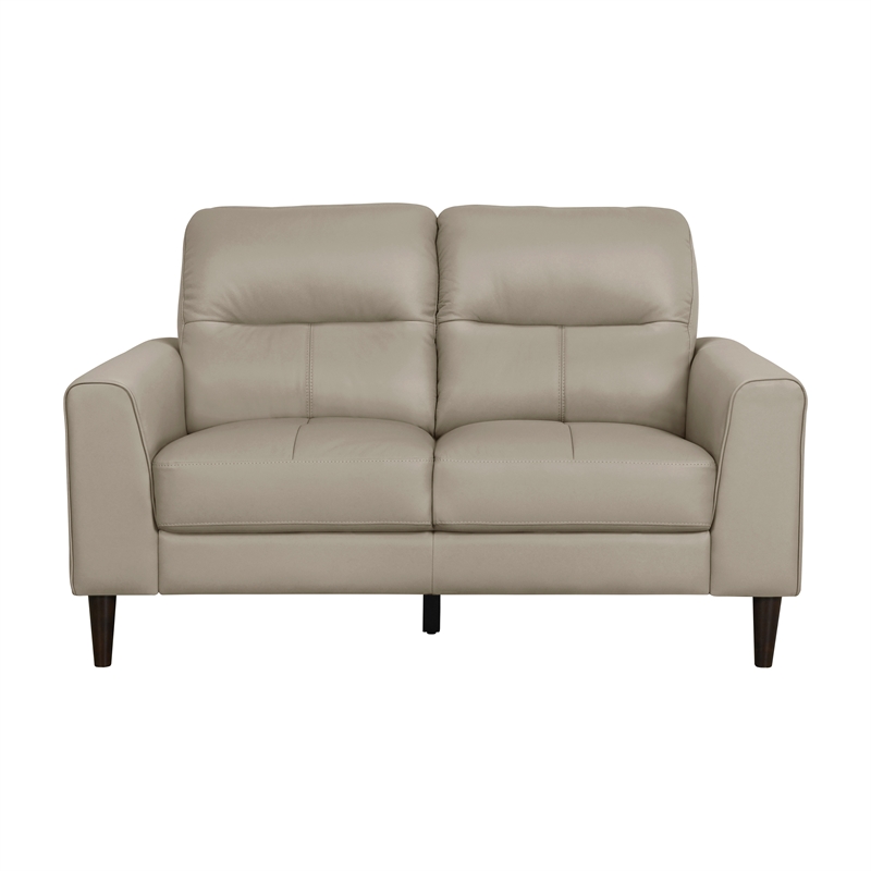Pemberly Row Top Grain Leather Match Loveseat with Wood Legs in Latte