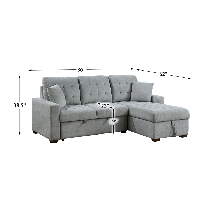 Pemberly Row Velvet 2-Piece Sectional with Pull-Out Bed and Chaise in Gray