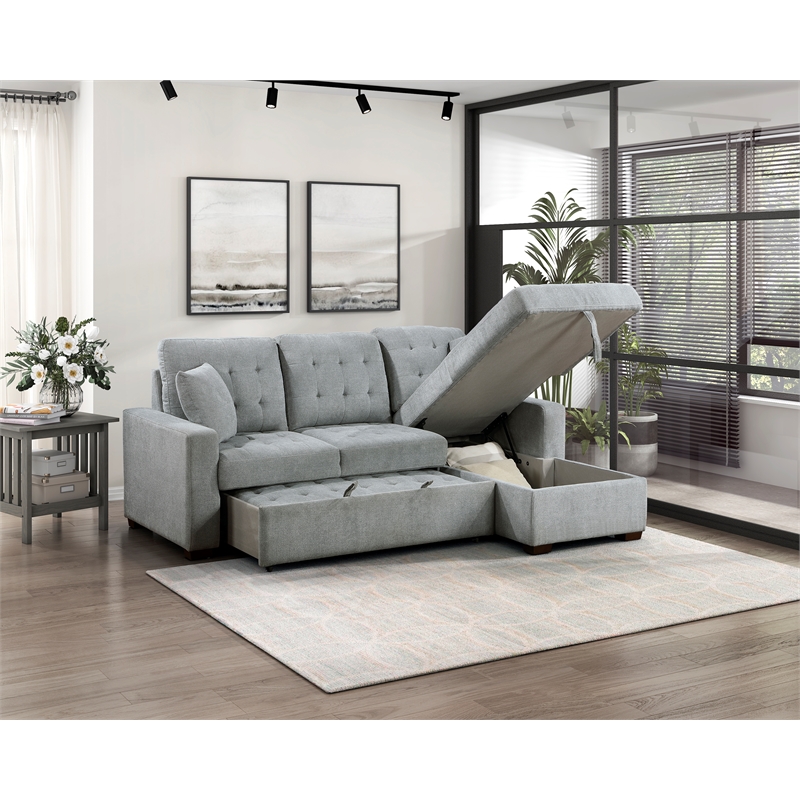 Pemberly Row Velvet 2-Piece Sectional with Pull-Out Bed and Chaise in Gray