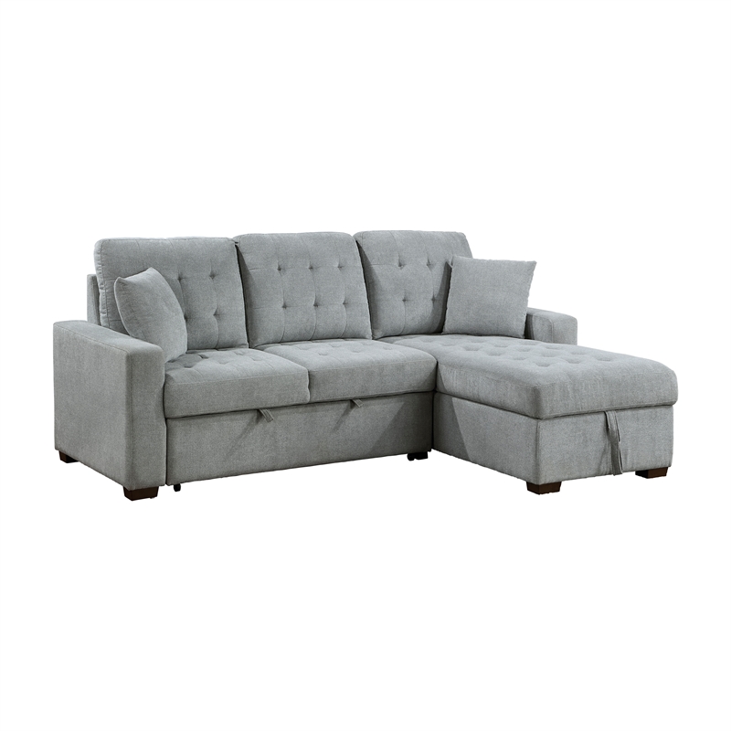 Pemberly Row Velvet 2-Piece Sectional with Pull-Out Bed and Chaise in Gray