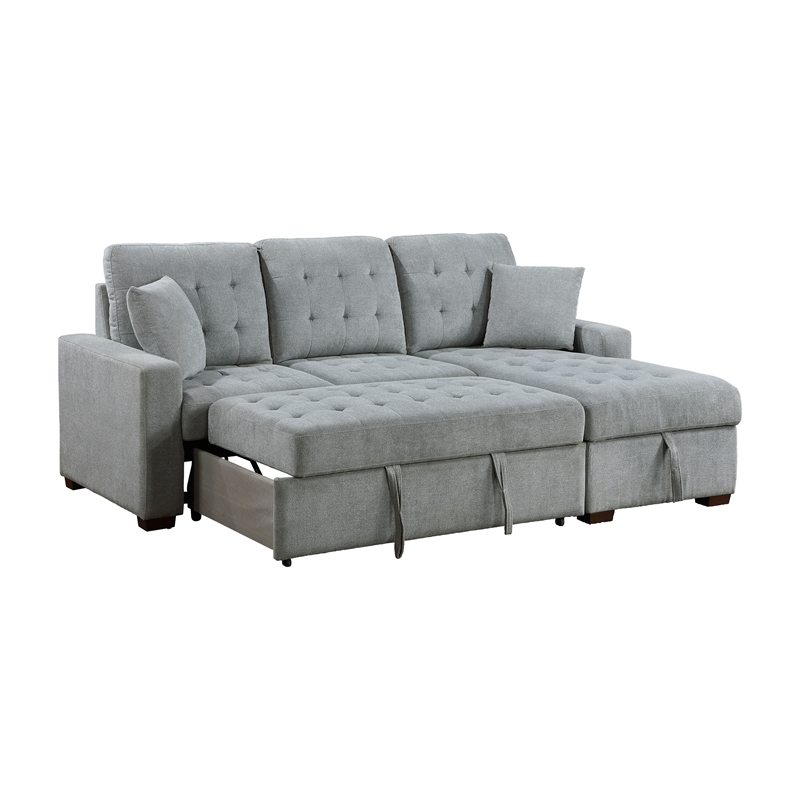 Pemberly Row Velvet 2-Piece Sectional with Pull-Out Bed and Chaise in Gray