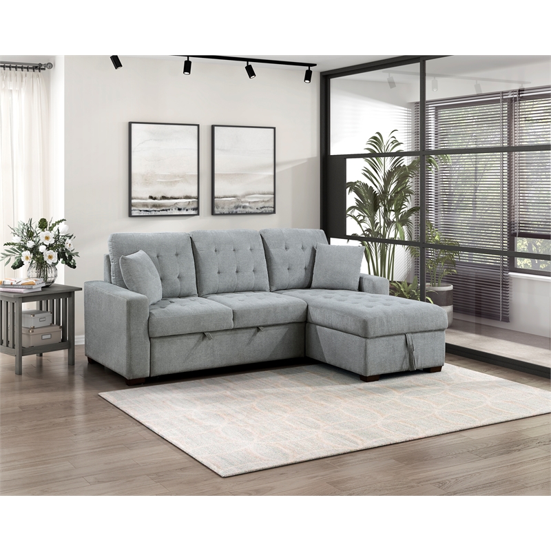 Pemberly Row Velvet 2-Piece Sectional with Pull-Out Bed and Chaise in Gray
