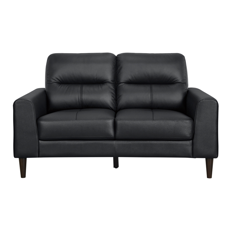 Pemberly Row Top Grain Leather Match Loveseat with Wood Legs in Black
