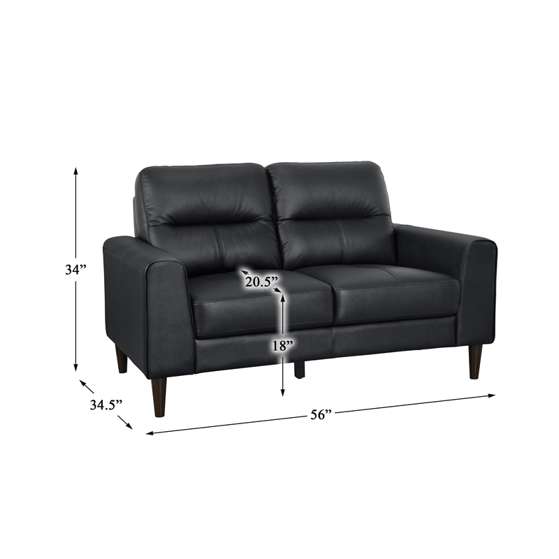 Pemberly Row Top Grain Leather Match Loveseat with Wood Legs in Black
