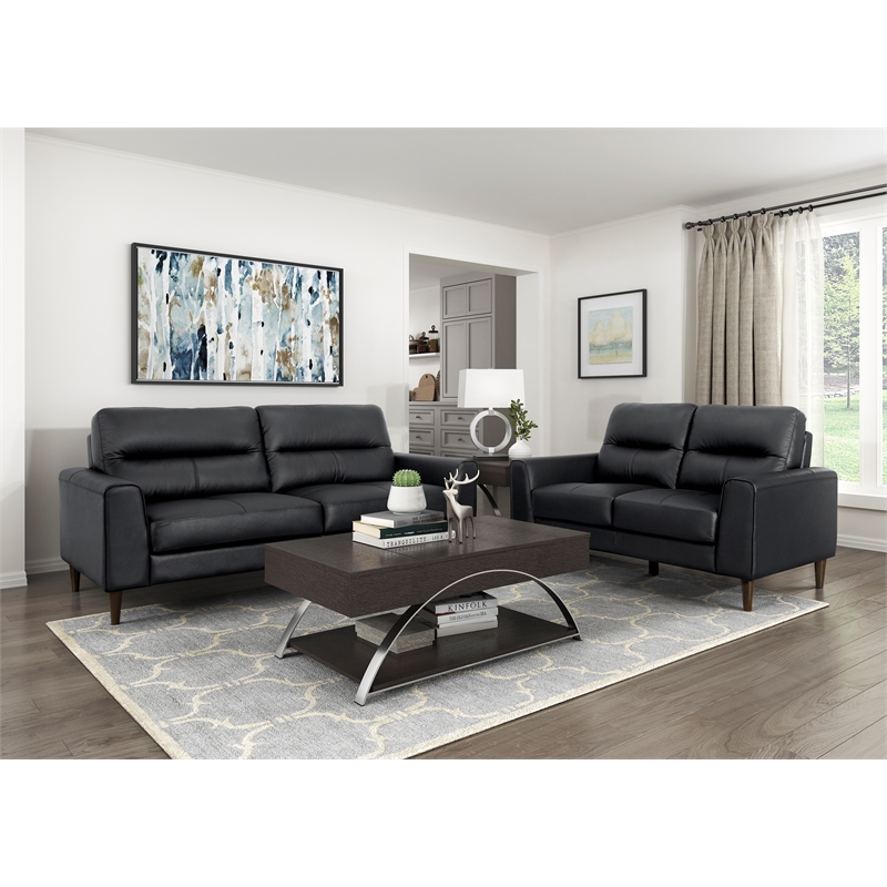 Pemberly Row 2-Piece Top Grain Leather Match Sofa Set with Wood Legs in Black