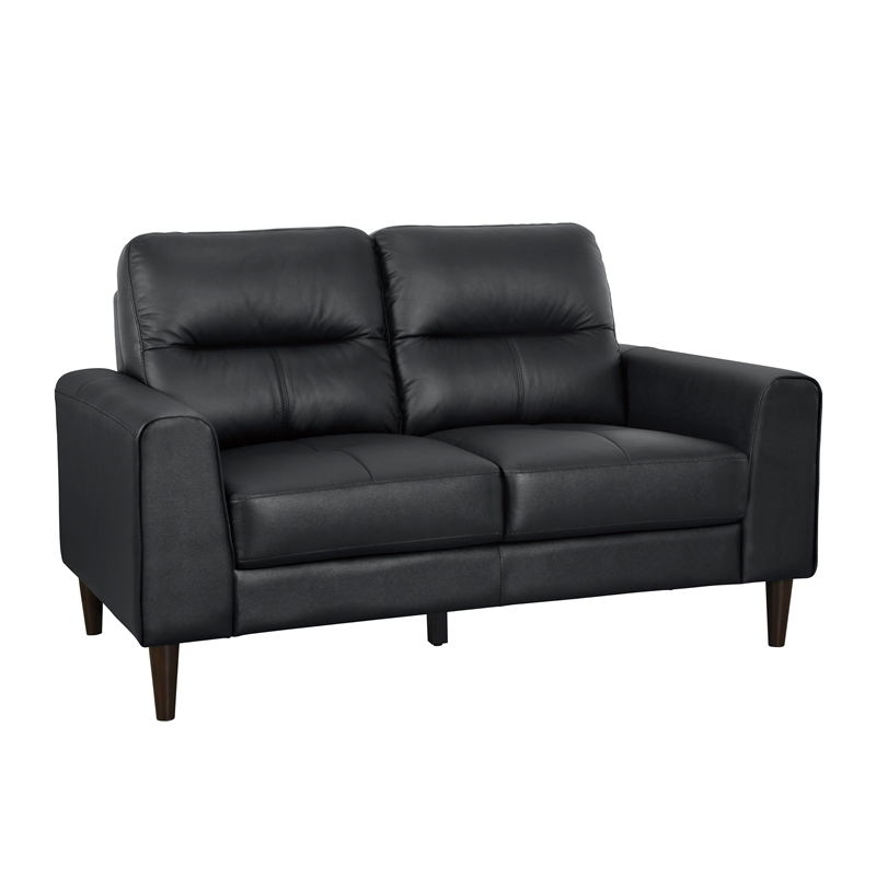 Pemberly Row 2-Piece Top Grain Leather Match Sofa Set with Wood Legs in Black