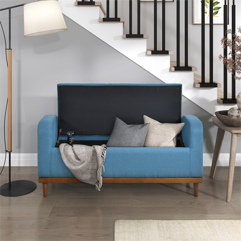 Pemberly Row Fabric Lift Top Storage Bench with Walnut Frame in Blue