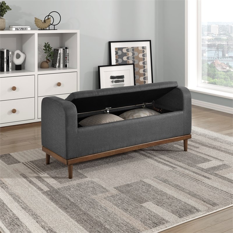 Pemberly Row Fabric Lift Top Storage Bench with Walnut Frame in Dark Gray