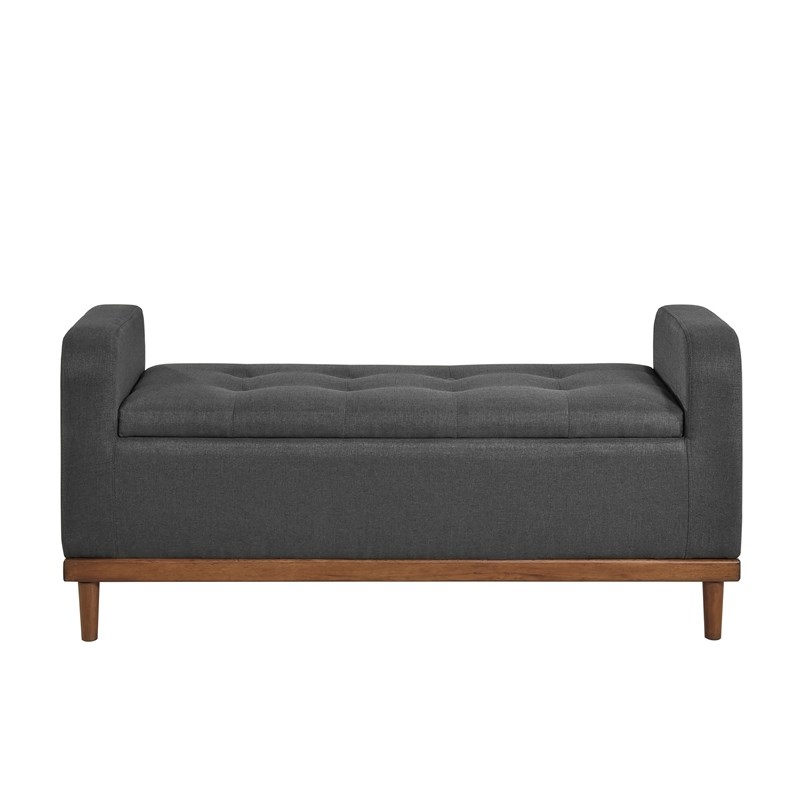 Pemberly Row Fabric Lift Top Storage Bench with Walnut Frame in Dark Gray