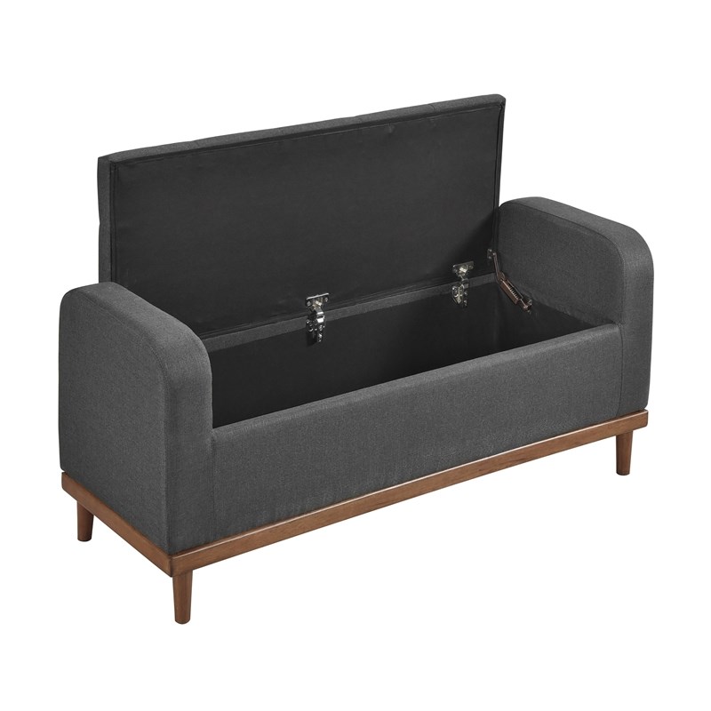 Pemberly Row Fabric Lift Top Storage Bench with Walnut Frame in Dark Gray