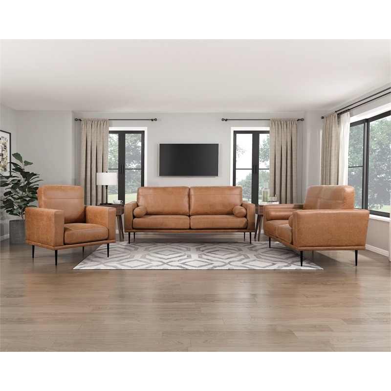 Pemberly Row Polished Microfiber Loveseat with Bolster Pillows in Brown