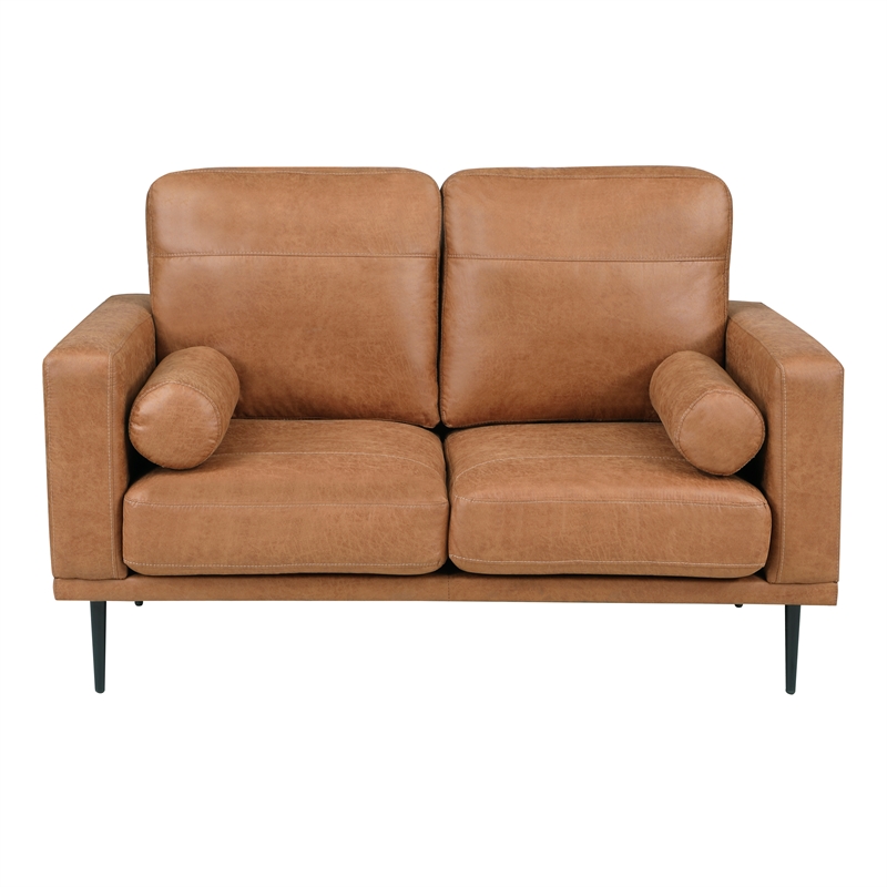 Pemberly Row Polished Microfiber Loveseat with Bolster Pillows in Brown