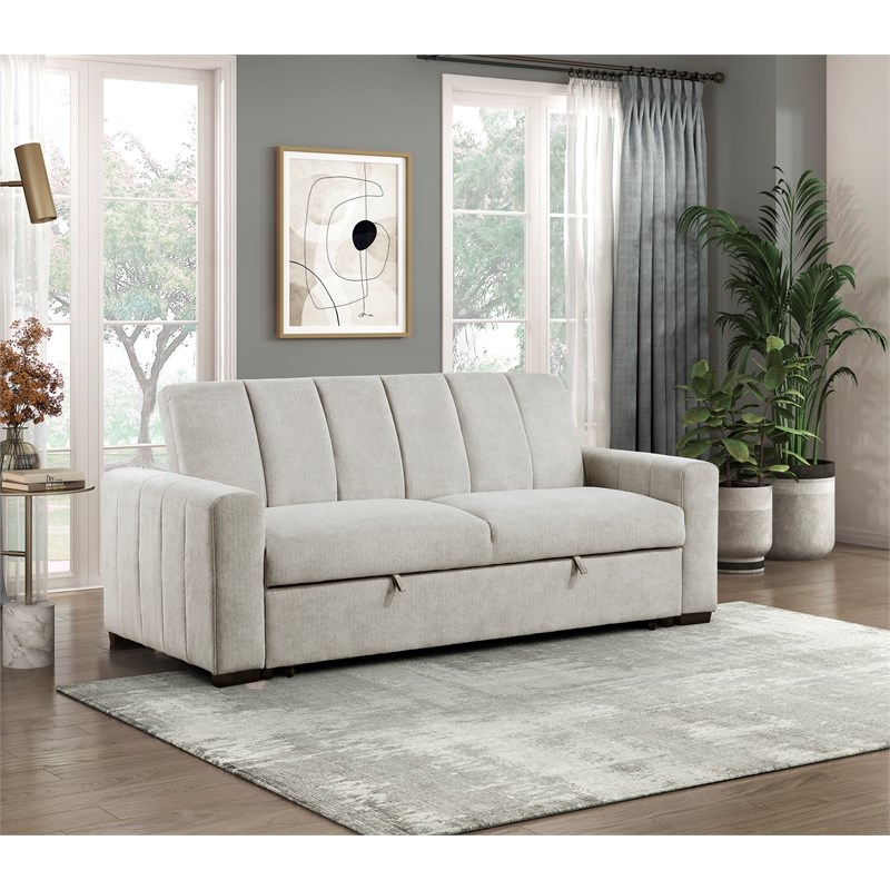 Pemberly Row Fabric Convertible Sofa with Pull-Out Bed in Light Gray