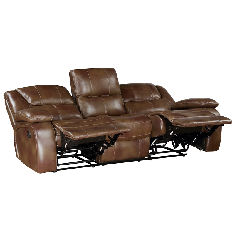 Pemberly Row Top Grain Leather Match Double Reclining Sofa 300 lbs in Brown
