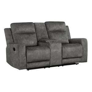 Pemberly Row Microfiber Double Reclining Love Seat with Console in Brownish Gray
