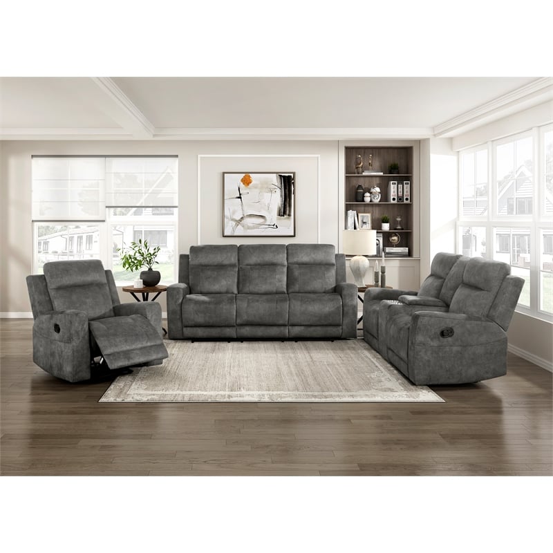 Pemberly Row Microfiber Double Reclining Love Seat with Console in Brownish Gray