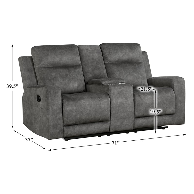 Pemberly Row Microfiber Double Reclining Love Seat with Console in Brownish Gray
