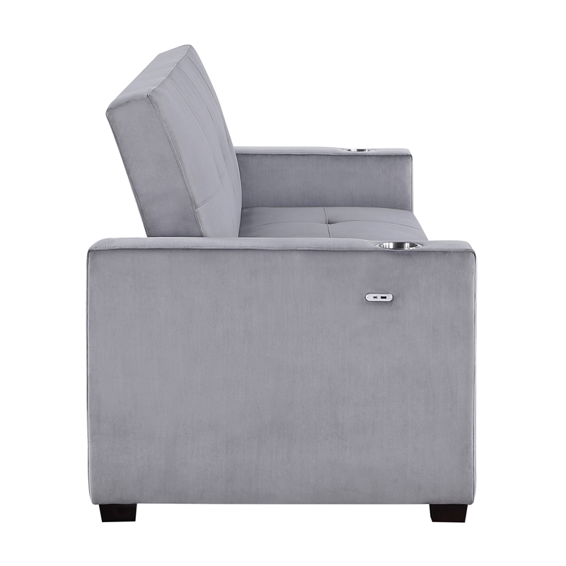 Pemberly Row Velvet Convertible Sofa with Pull-Out Bed and USB Charging in Gray