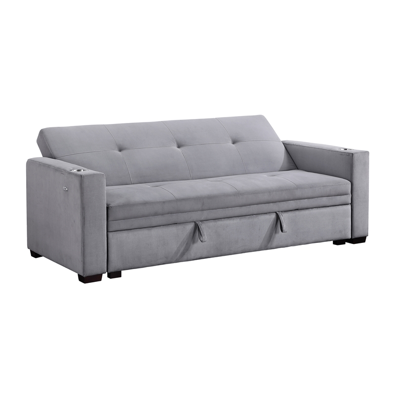 Pemberly Row Velvet Convertible Sofa with Pull-Out Bed and USB Charging in Gray