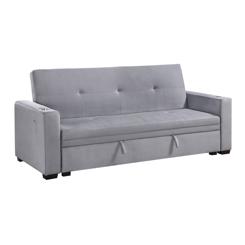 Pemberly Row Velvet Convertible Sofa with Pull-Out Bed and USB Charging in Gray