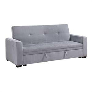 Pemberly Row Velvet Convertible Sofa with Pull-Out Bed and USB Charging in Gray