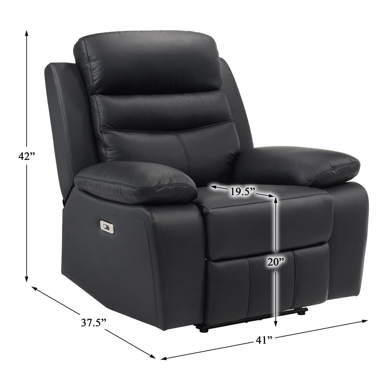 Pemberly Row Top Grain Leather Power Reclining Chair with USB in Black