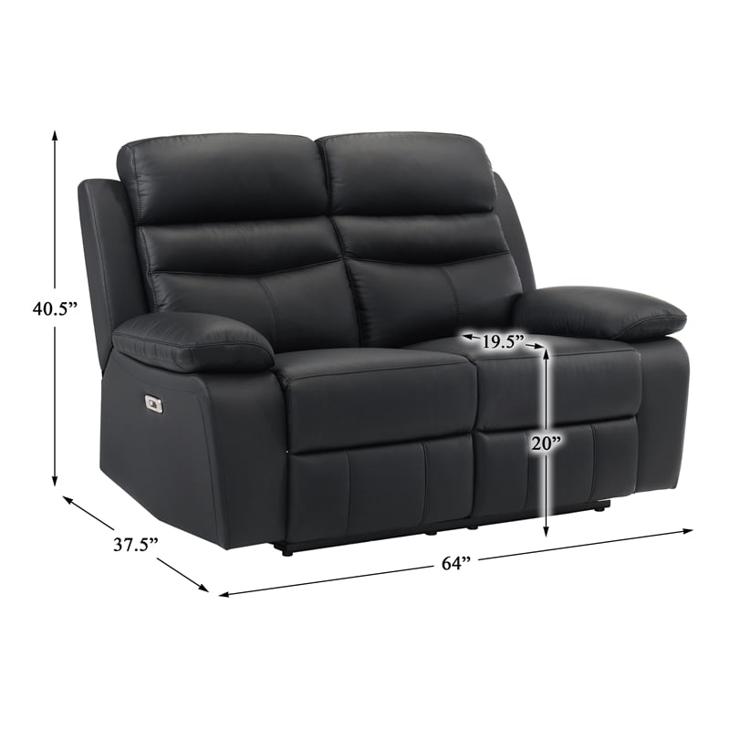 Pemberly Row Top Grain Leather Power Double Reclining Love Seat in Black