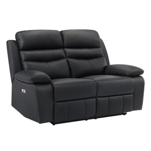 Pemberly Row Top Grain Leather Power Double Reclining Love Seat in Black