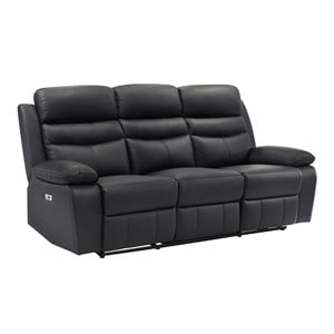 Pemberly Row Top Grain Leather Power Double Reclining Sofa with USB in Black
