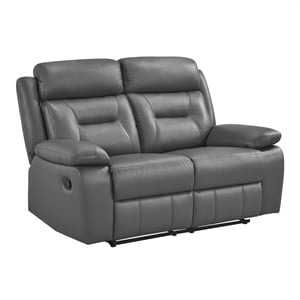 Pemberly Row Top Grain Leather Double Reclining Love Seat in Dark Gray