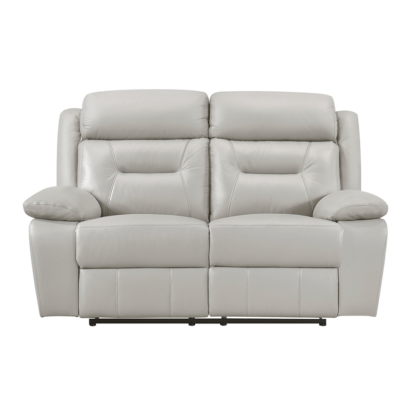 Pemberly Row Top Grain Leather Double Reclining Love Seat in Silver