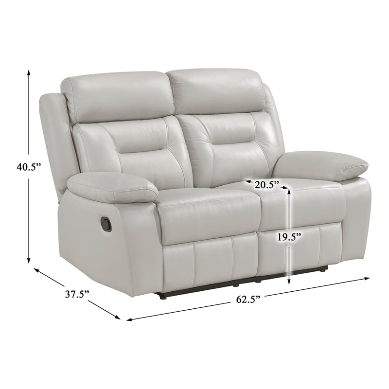 Pemberly Row Top Grain Leather Double Reclining Love Seat in Silver