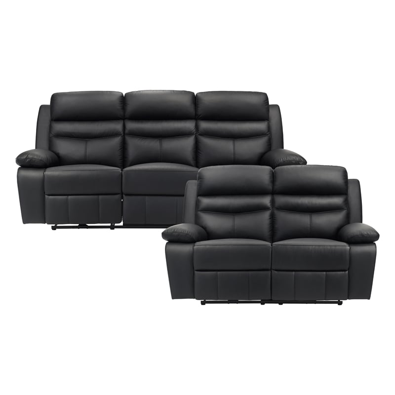 Pemberly Row 2-Piece Top Grain Leather Power Reclining Sofa Set in Black