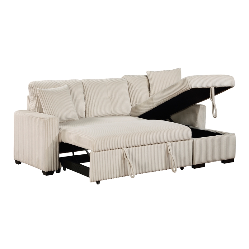 Pemberly Row 3-Piece Corduroy Reversible Sectional with Pull-Out Bed in Beige
