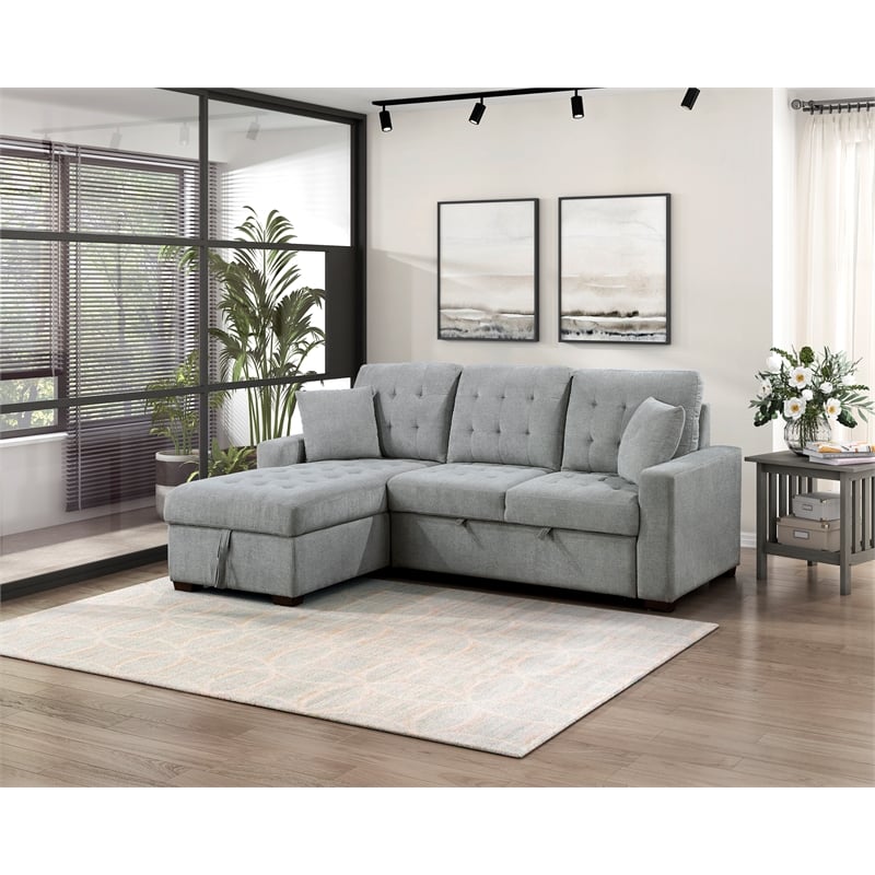 Pemberly Row 2-Piece Textured Fabric Sectional with Left Chaise and Bed in Gray