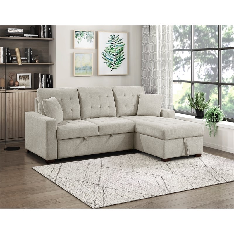 Pemberly Row 2-Piece Textured Fabric Sectional with Right Chaise and Bed in Sand