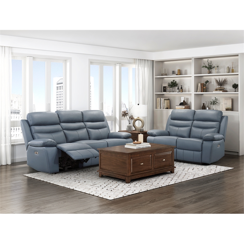 Pemberly Row 2-Piece Top Grain Leather Power Reclining Sofa Set in Blue