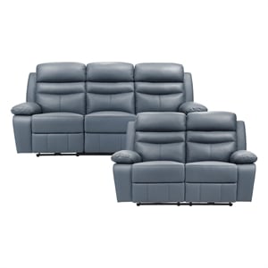 Pemberly Row 2-Piece Top Grain Leather Power Reclining Sofa Set in Blue