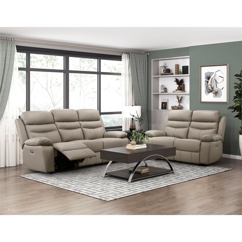Pemberly Row 2-Piece Top Grain Leather Power Reclining Sofa Set in Latte