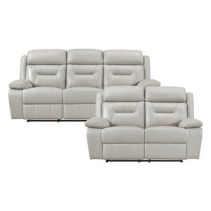 Pemberly Row 2-Piece Top Grain Leather Reclining Sofa Set in Silver
