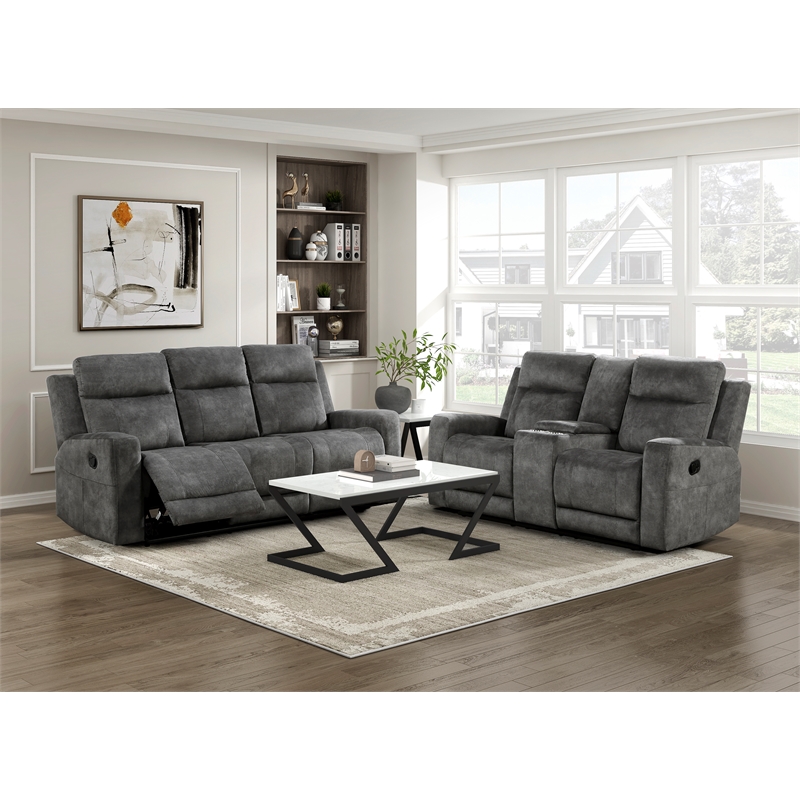 Pemberly Row 2-Piece Textured Microfiber Reclining Sofa Set in Brownish Gray