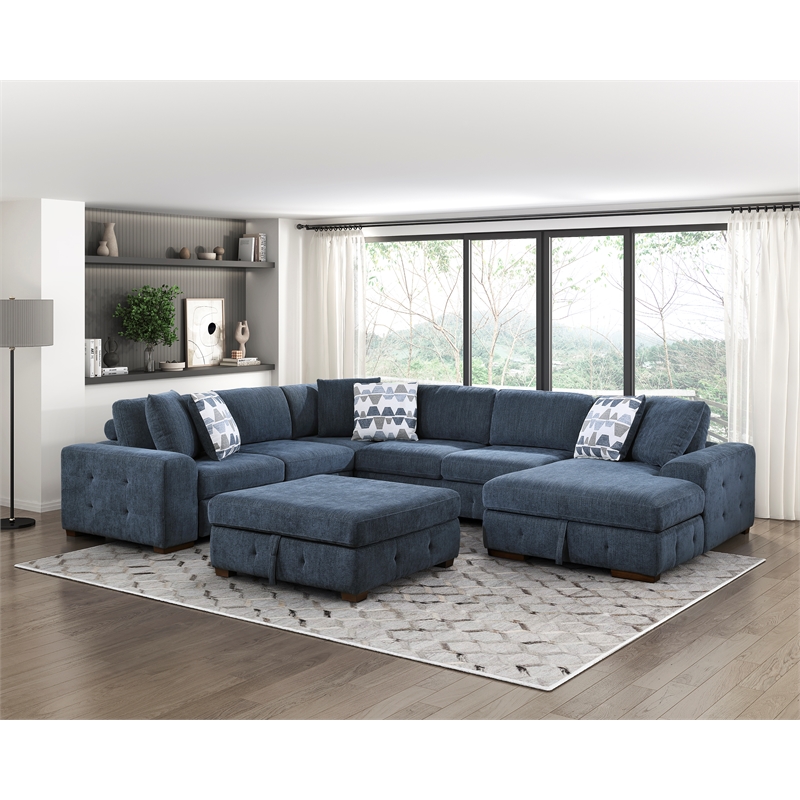 Pemberly Row 4-Piece Sectional with Right Chaise Ottoman & Pull-Out Bed in Blue