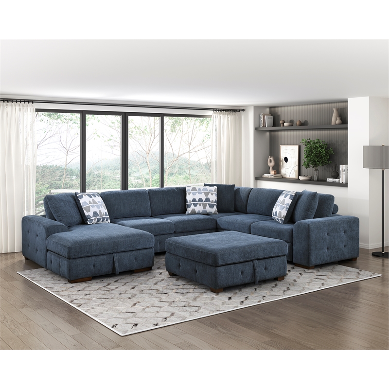 Pemberly Row 5-Piece Chenille Sectional with Left Chaise Ottoman and Bed in Blue