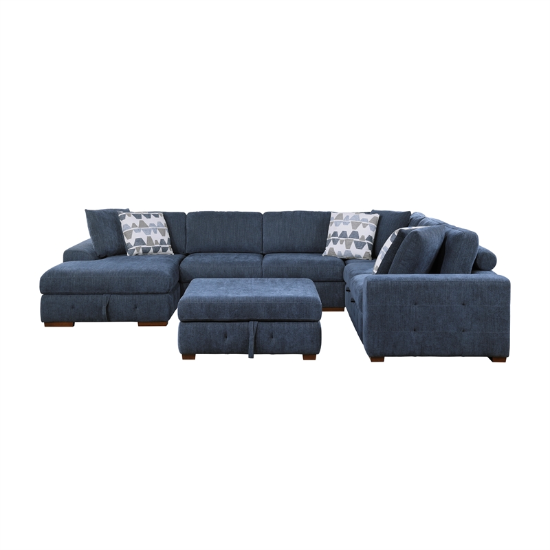 Pemberly Row 5-Piece Chenille Sectional with Left Chaise Ottoman and Bed in Blue