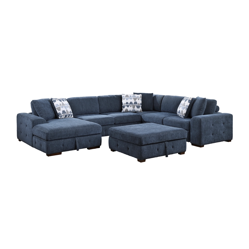 Pemberly Row 5-Piece Chenille Sectional with Left Chaise Ottoman and Bed in Blue