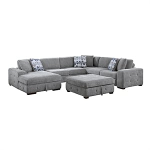 Pemberly Row 5-Piece Chenille Sectional with Left Chaise Ottoman and Bed in Gray
