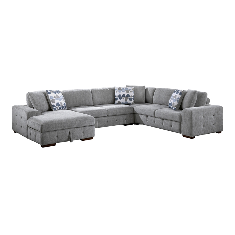 Pemberly Row 5-Piece Chenille Sectional with Left Chaise Ottoman and Bed in Gray
