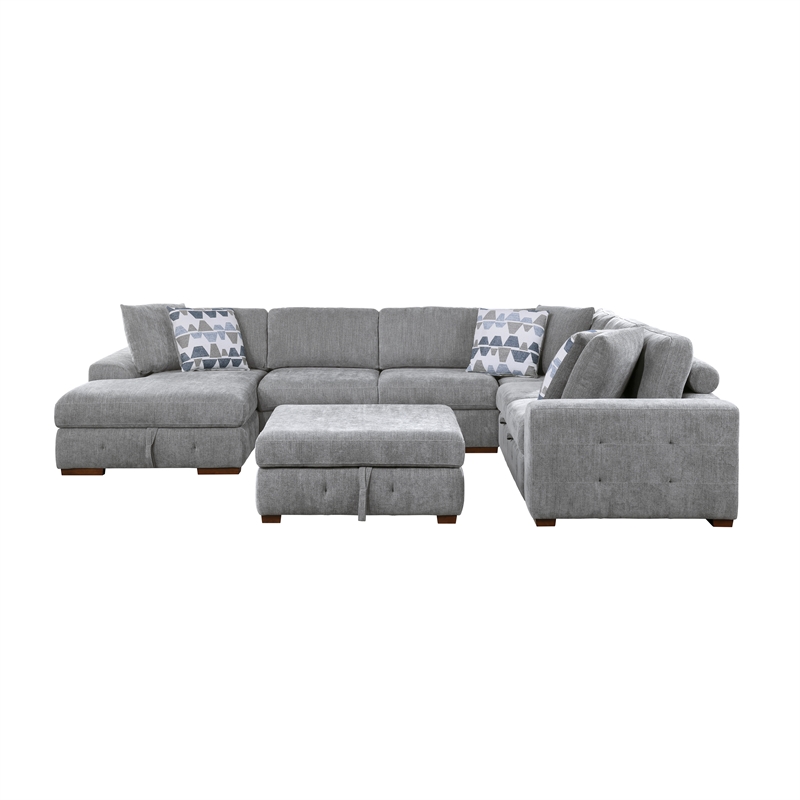 Pemberly Row 5-Piece Chenille Sectional with Left Chaise Ottoman and Bed in Gray