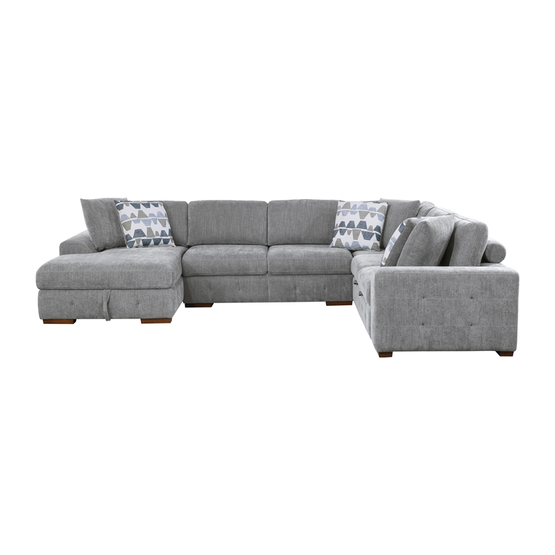 Pemberly Row 5-Piece Chenille Sectional with Left Chaise Ottoman and Bed in Gray