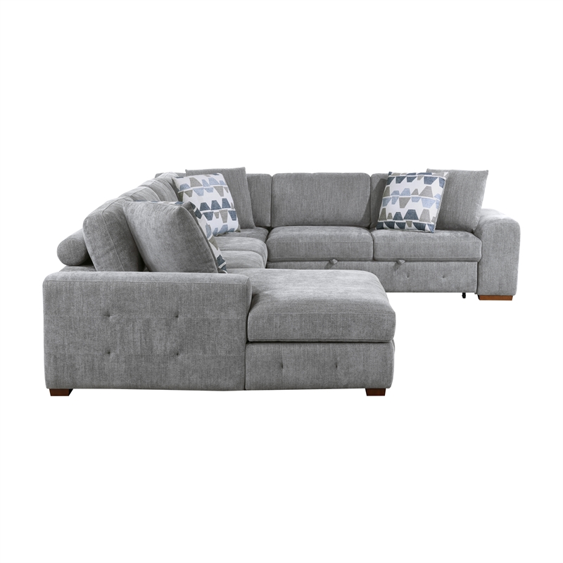 Pemberly Row 5-Piece Chenille Sectional with Left Chaise Ottoman and Bed in Gray